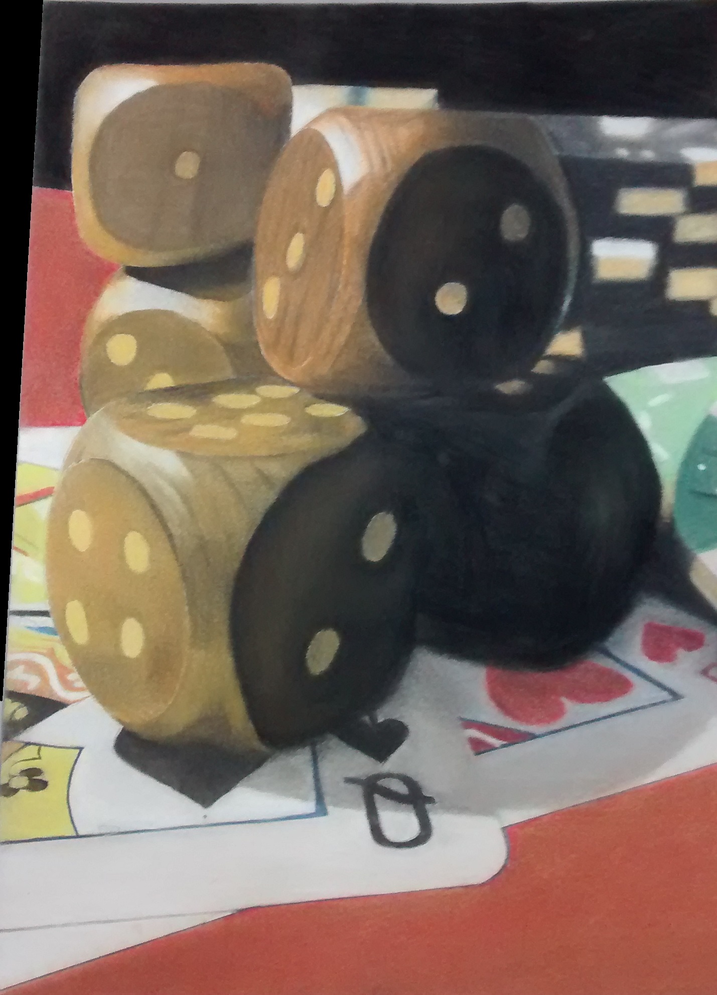 art work depicting 3 wooden dice in a still life composition, on top of some playing cards