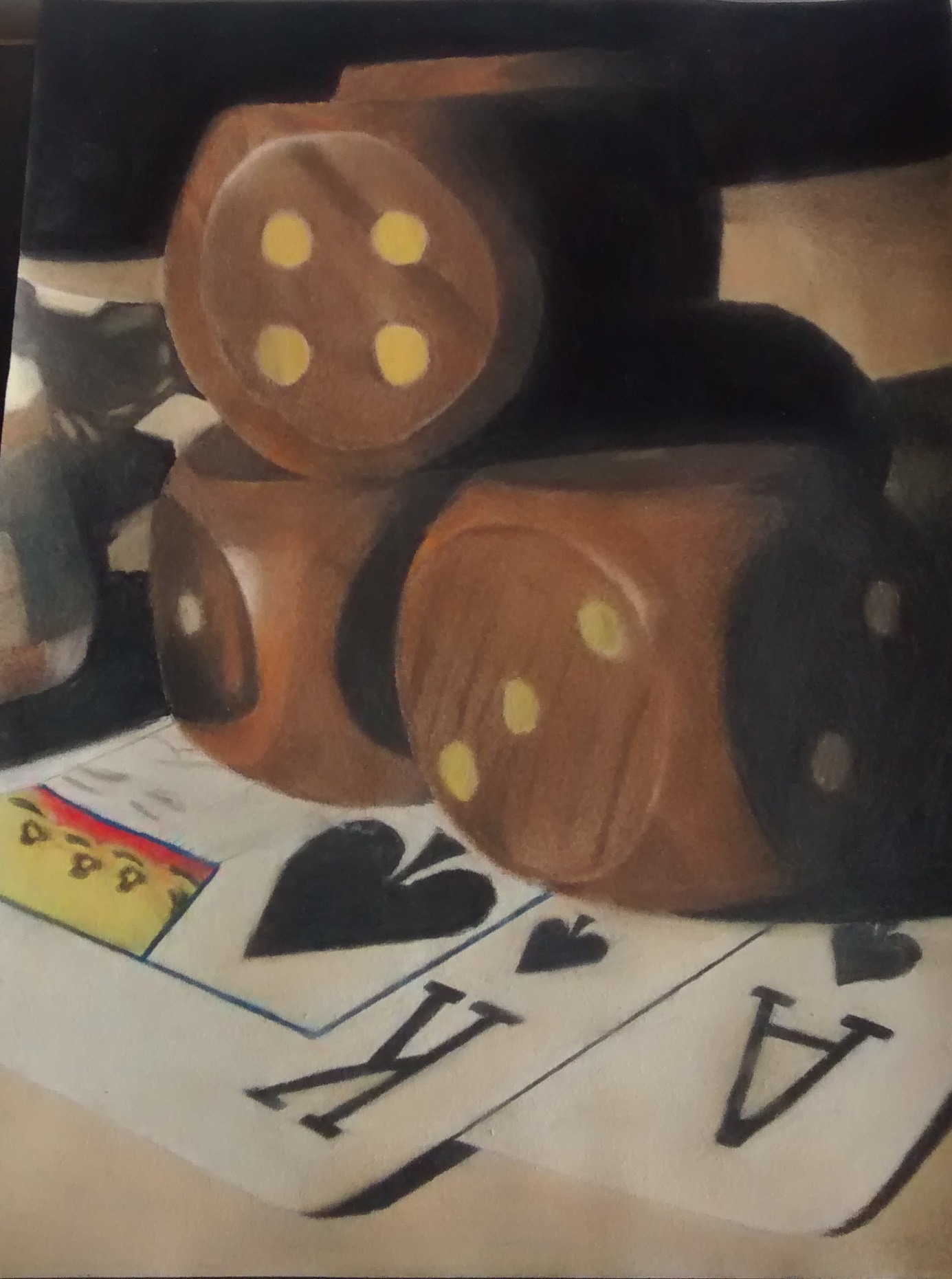 art work depicting 3 wooden dice in a still life composition, on top of some playing cards