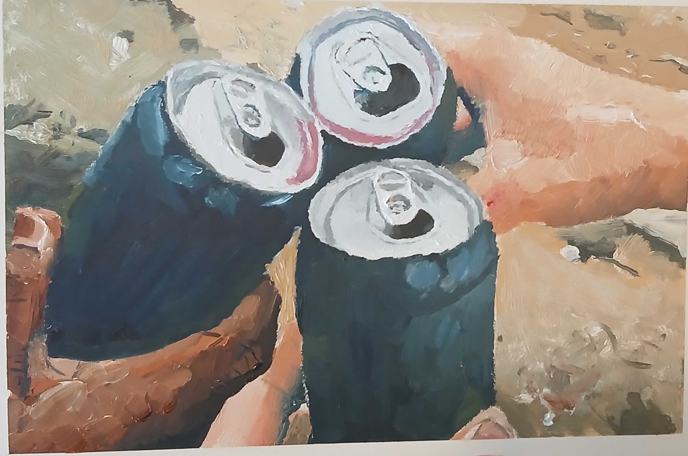 art work depicting 3 drinks cans joined together in a cheers.