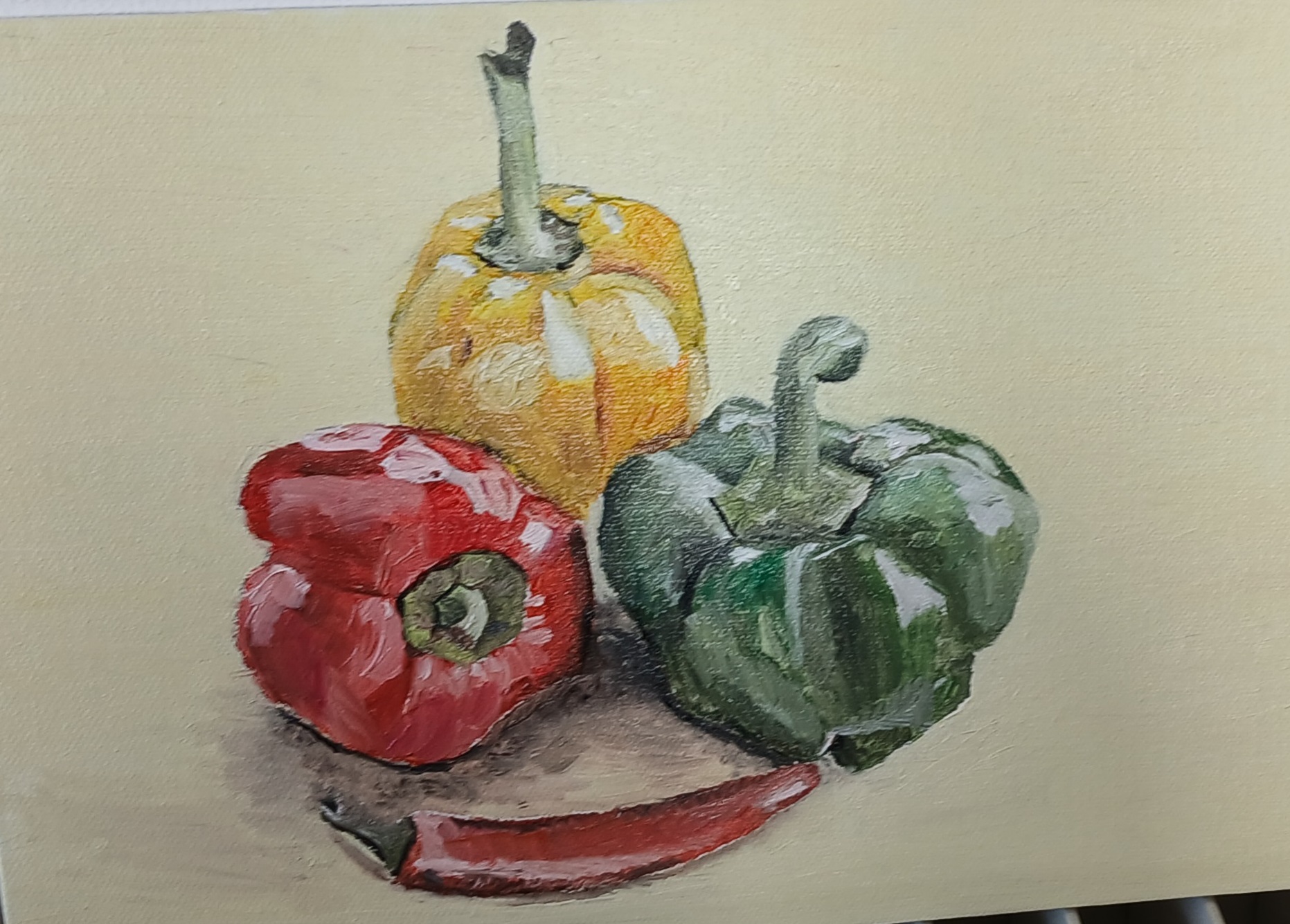 art work depicting 3 bell peppers arranged in a still life composition, with a chilli pepper in the foreground